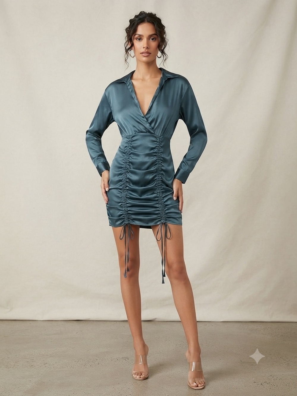 Ruched Satin Shirt Mini Dress - Teal